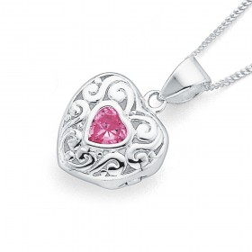 Pink+Cubic+Zirconia+Filigree+Heart+Locket+in+Sterling+Silver