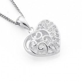 Cubic+Zirconia+Filigree+Puff+Heart+Pendant+in+Sterling+Silver