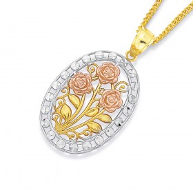 9ct+Tri+Tone+Triple+Rose+Oval+Pendant