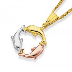 3+Dolphin+Pendant+in+9ct+Rose%2C+White+and+Yellow+Gold