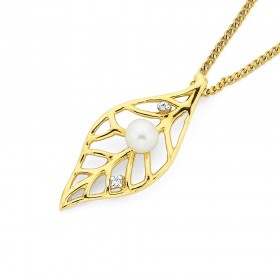 9ct+Gold+Pearl+%26amp%3B+Diamond+Leaf+Pendant