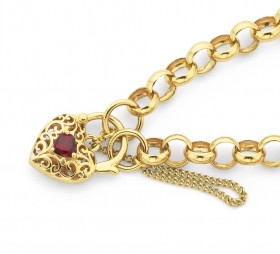 9ct-19cm-Belcher-Bracelet-with-Garnet-Filigree-Padlock on sale