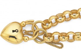 9ct-20cm-Heavy-Belcher-Bracelet-with-Puff-Heart-Padlock on sale