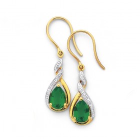 9ct+Synthetic+Emerald+%26amp%3B+Diamond+Drop+Earrings