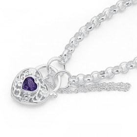 Sterling-Silver-19cm-Belcher-Bracelet-with-Amethyst-Padlock on sale