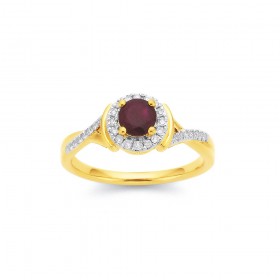 9ct+Ruby+and+Diamond+Halo+Ring