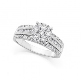 9ct+White+Gold+3+Row+Cluster+Diamond+Ring+Total+Diamond+Weight%3D1.00ct