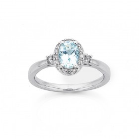 9ct+White+Gold+Oval+Aquamarine+and+Diamond+Ring