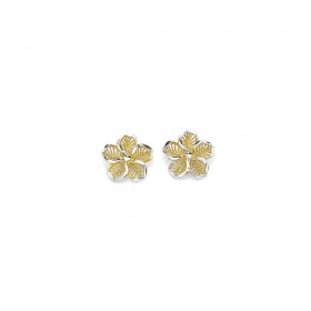 9ct+Two+Tone+Diamond+Cut+Flower+Stud+Earrings