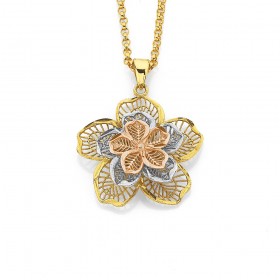 9ct+Tri+Tone+Diamond+Cut+Flower+Pendant