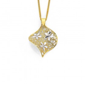 9ct+Two+Tone+Diamond+Cut+Flower+Pendant