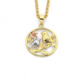 9ct+Tri+Tone+Two+Birds+On+Branch+Pendant