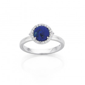 Sterling+Silver+Natural+Lapis+Lazuli+%26amp%3B+Cubic+Zirconia+Round+Ring