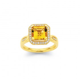 9ct+Citrine+and+Halo+Diamond+Ring