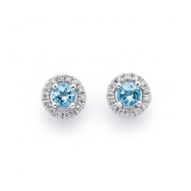 9ct+White+Gold+Aquamarine+and+Halo+Diamond+Earrings