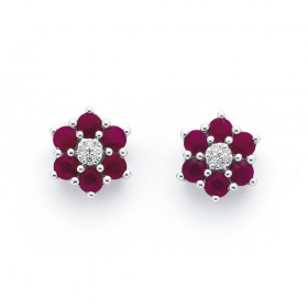 9ct-White-Gold-Ruby-and-Diamond-Flower-Cluster-Earrings on sale