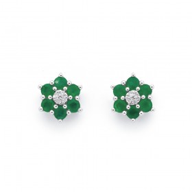 9ct+White+Gold+Emerald+and+Diamond+Flower+Cluster+Earrings