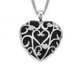 Sterling+Silver+Cubic+Zirconia+%26amp%3B+Onyx+Heart+Pendant