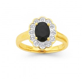 9ct+Black+Sapphire+Oval+Flower+Frame+Ring