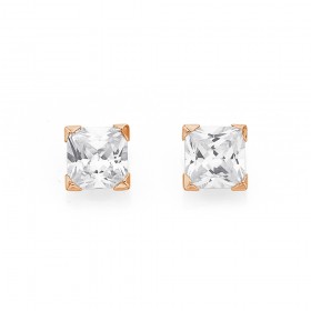 9ct+Rose+gold+Cubic+Zirconia+5mm+Square+Stud+Earrings