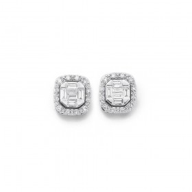 9ct-White-Gold-Baguette-Diamond-Halo-Studs-Total-Diamond-Weight25ct on sale