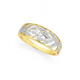 9ct+Two+Tone+Diamond++Set+Leaves+Ring