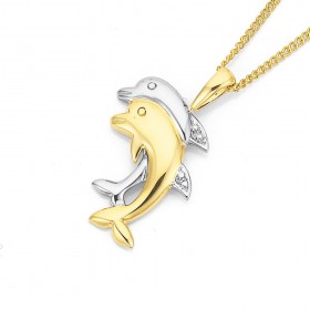 9ct+Two+Tone+Diamond+Set+Dolphin+Pendant