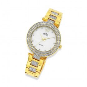 Elite+Ladies+Gold+Tone+Set+MOP+Dial+Watch