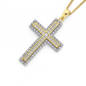 9ct+Two+Tone+Diamond+Cross+Pendant