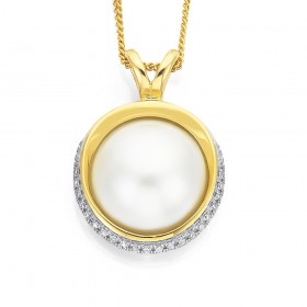 9ct+12mm+Mabe+Pearl+with+Diamond+Surround+Pendant