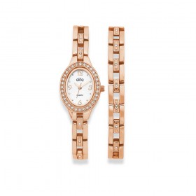 Elite-Ladies-Rose-Tone-Oval-Stone-Set-Watch-Bracelet-Set on sale