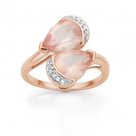 9ct-Rose-Gold-Two-Pear-Shape-Rose-Quartz-and-Diamond-Ring on sale