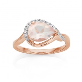 9ct+Rose+Gold+Pear+Rose+Quartz+with+Diamond+Surround+Ring