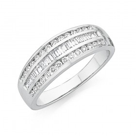 9ct+White+Gold+Diamond+3+Row+Diamond+Ring