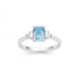 18ct+White+Gold+Emerald%2FCut+Aquamarine+and+Diamond+Ring