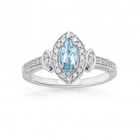 9ct+White+Gold+Aquamarine+%26amp%3B+Diamond+Ring