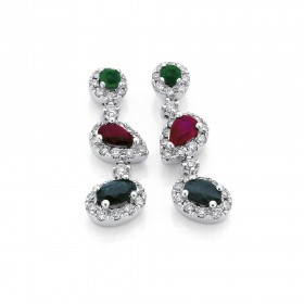 9ct-White-Gold-Emerald-Ruby-Sapphire-Diamond-Earrings on sale