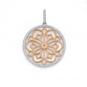 Sterling-Silver-Cubic-Zirconia-Rose-Gold-Plated-Flower-Disk-Pendant on sale