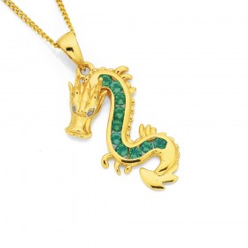 9ct+Created+Emerald+%26amp%3B+Diamond+Dragon+Pendant