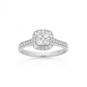 9ct-White-Gold-Diamond-Cushion-Halo-Cluster-Ring on sale