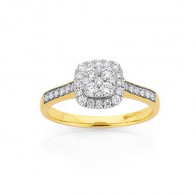 9ct-Diamond-Cushion-Halo-Cluster-Ring on sale