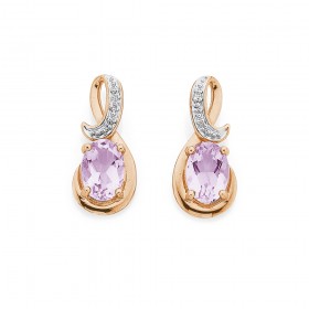 9ct+Rose+Gold+Pear+Pink+Amethyst+%26amp%3B+Diamond+Swirl+Earrings