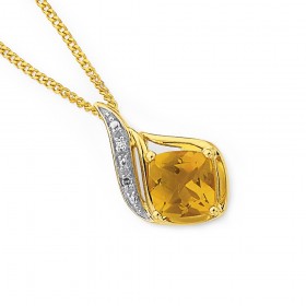 9ct+Cushion+Citrine+%26amp%3B+Diamond+Swirl+Pendant