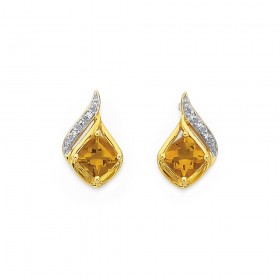 9ct+Cushion+Citrine+%26amp%3B+Diamond+Swirl+Earrings