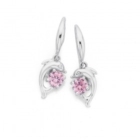 Sterling+Silver+Pink+Cubic+Zirconia+Dolphin+Drop+Hook+Earrings