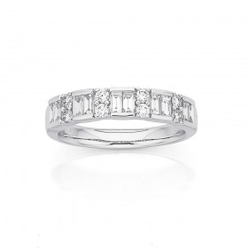 18ct+White+Gold+Round+and+Baguette+Diamond+Band