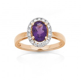 9ct+Rose+Gold+Oval+Amethyst+and+Diamond+Ring