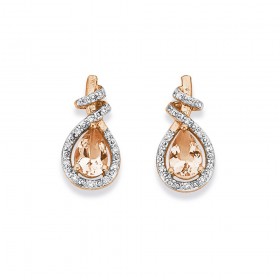 9ct+Rose+Gold+pear+Shaped+Morganite+with+Diamoand+Loop+Earrings