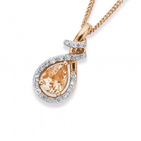 9ct+Rose+Gold+pear+Shaped+Morganite+with+Diamoand+Loop+Pendant