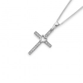 Sterling-Silver-Cubic-Zirconia-Cross-with-Heart-Pendant on sale